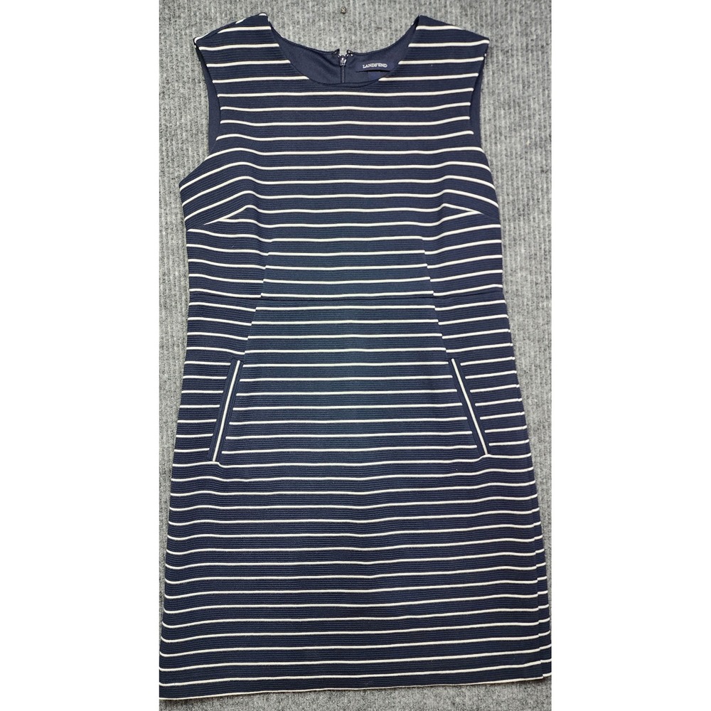 Lands End Womens 12P Navy Blue White Striped Ribbed Ottoman Shift Pocket Dress